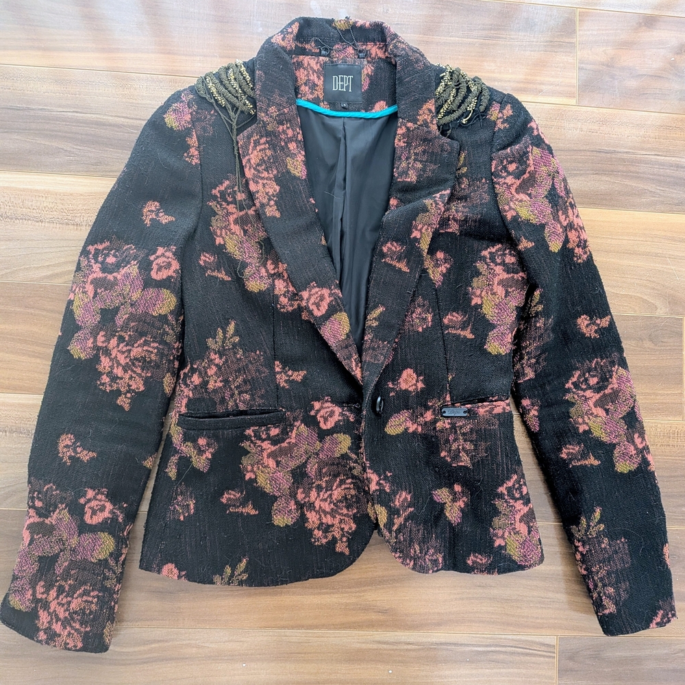 Floral Patterned Blazer with Shoulder Embellishments
